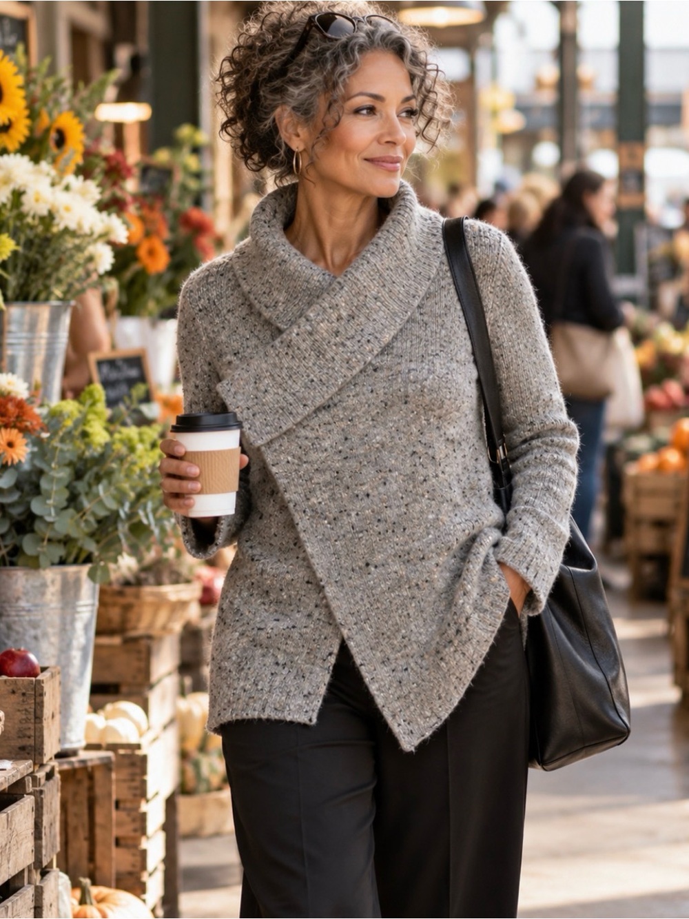 Eileen Fisher Wool Mohair Speckled Gray Asymmetrical Shawl Collar Sweater XS